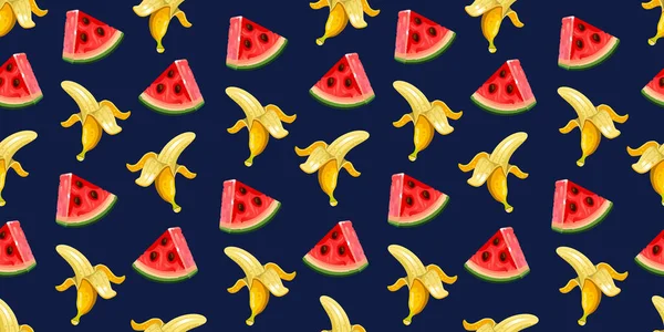 Koyu mavi arka planda renkli karpuzlar ve muzlar. Kumaş, tekstil, ambalaj kağıdı ve kartlar için meyve vektör deseni. Sağlıklı gıda tasarımı. Karpuz dilimli vektör baskısı çizimi ve açılmış muz. Kırmızı ve sarı meyveler.