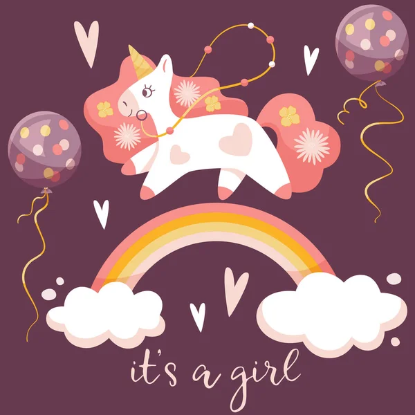 Bu bir kız vektör çizimi. Tek boynuzlu at, gökkuşağı, helyum balonları ve kalplerle pembe, menekşe ve sarı set. Poster, afiş, el ilanı, reklam, reklam, reklam. Bebek partisi, yeni doğan sanatı. Bebek ürünü. Pembe desen. 