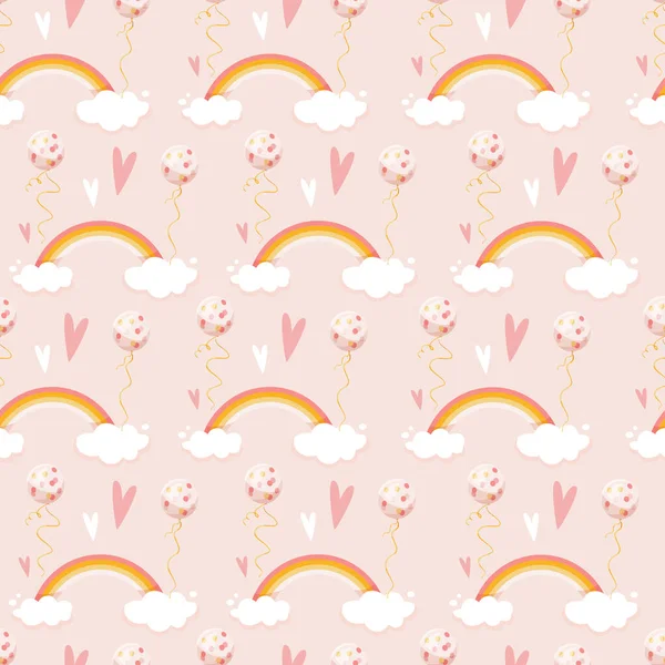 Pembe vektör baskısı. Gökkuşağı, bulutlar, helyum balonları ve kalpleri olan pembe, beyaz ve sarı bir set. Kumaş, tekstil, ambalaj kağıdı ve kartlar için bebek duş vektör deseni. Yeni doğan illüstrasyonu. Kız tasarımı. 