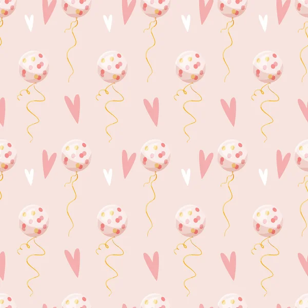Pembe vektör baskısı. Pembe, beyaz ve sarı, helyum balonlu ve kalpli. Kumaş, tekstil, ambalaj kağıdı ve kartlar için bebek duş vektör deseni. Yeni doğan illüstrasyonu. Güzel pastel pembe kızlar tasarımı.