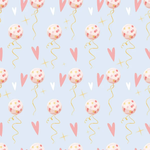 Vektör izi. Pembe, beyaz, mavi ve sarı, helyum balonlu, kalpli ve yıldızlı. Kumaş, tekstil, ambalaj kâğıdı, kartlar için bebek partisi deseni. Yeni doğan illüstrasyonu. Pastel kızlar tasarımı.