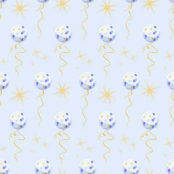 Vektör izi. Kristal helyum balonları ve yıldızlarla beyaz, mavi ve sarı set. Kumaş, tekstil, ambalaj kâğıdı, kartlar için bebek partisi deseni. Yeni doğan illüstrasyonu. Pastel erkek tasarımı.