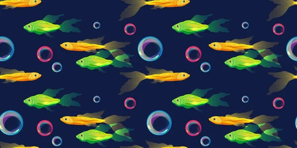 水族館魚ベクトル印刷 魚や泡と緑 ピンクと青のセット 包装紙 カードなどのカラフルなネオン魚のベクトルパターン 濃い青の背景のイラスト — ストックベクタ