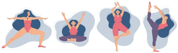 Bir grup tatlı kız yoga pozu çalışıyor. Fitness, spor merkezi, sağlıklı yaşam tarzı, spor konsepti. Kadın eğitimi. Poster, afiş, web sitesi, yer kartı, broşür için vektör illüstrasyonu. Pembe, mavi ve mor renklerde ayarla. 