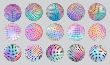 Gradyan Küresel Izgara seti, holografik canlı yuvarlak simge. Çoklu renk düğmeleri pankartta, sosyal medyada, web 'de tasarım ögesi olarak kullanılabilir.