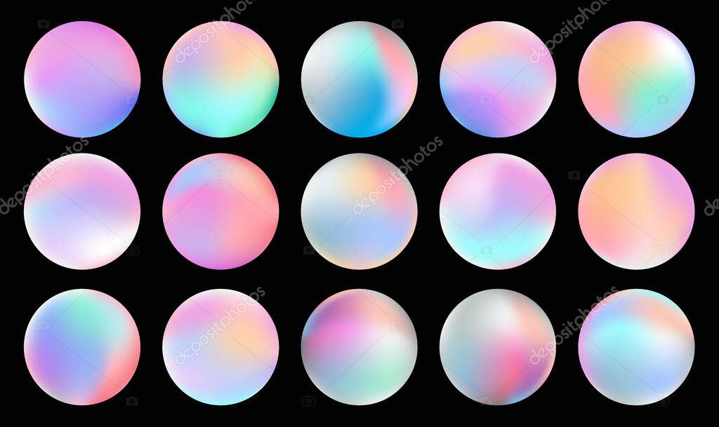 Gradient circle set, holographic vibrant round icon. Multicolor buttons can be used in banner, social media, web, as design element.
