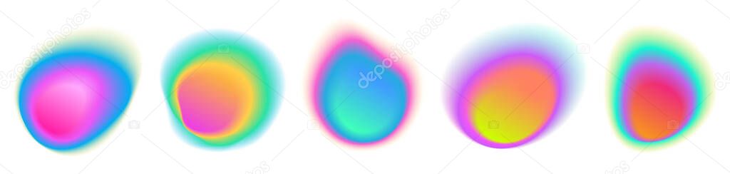Abstract color gradient circle backgrounds, holographic iridescent round circles with liquid vibrant gradient blur, colors blend mesh with soft neon light, vector shapes.
