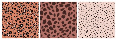 Soyut Leopar Derisi Kusursuz Örnekler. Hayvan izi. Sosyal medya afişi, kapağı, duvar kağıdı için geometrik folklor süsü. Vektör illüstrasyonu.