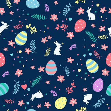 Cute hand drawn Easter seamless pattern with bunnies, flowers, Easter eggs, beautiful background, great for Easter Cards, banner, textiles, wallpapers. clipart