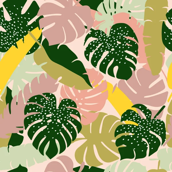Monstera Leaf Seamless Pattern Hand Drawn Botanical Spring Summer Time — Stock Vector