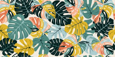 Monstera leaf seamless pattern, hand drawn botanical, spring and Summer time, green style, natural ornaments for textile, fabric, wallpaper, background. clipart