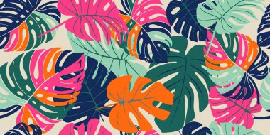 Monstera yaprağı pürüzsüz desen, el yapımı botanik, ilkbahar ve yaz zamanı, yeşil stil, tekstil, kumaş, duvar kağıdı, arka plan için doğal süsler..