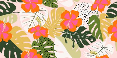 Tropik çiçek desenleri pürüzsüz, çiçek açan siluet, el yapımı botanik, bahar ve yaz zamanı için çiçek yaprağı, tekstil, kumaş, duvar kağıdı, arka plan tasarımı için doğal süsler..