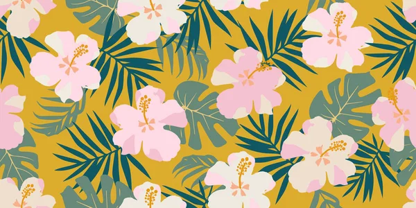 Patrón Flores Tropicales Sin Costuras Silueta Floración Botánico Dibujado Mano — Vector de stock
