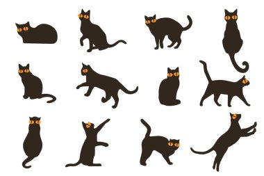 Set vector silhouettes of the cat, different poses, standing, jumping and sitting, black color, isolated on white background. vintage cats icons. clipart