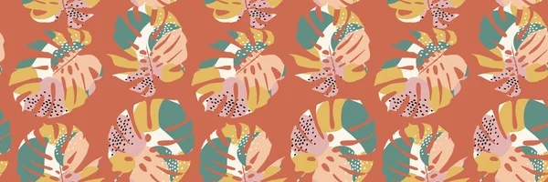 モンステラの葉のシームレスなパターン 手描きの植物 春と夏の時間 緑のスタイル ファブリック 背景のための自然装飾 — ストックベクタ