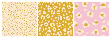 Soyut Leopar Derisi Kusursuz Örnekler. Hayvan izi. Sosyal medya afişi, kapağı, duvar kağıdı için geometrik folklor süsü. Vektör illüstrasyonu.