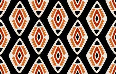 Etnik soyut ikat sanatı. Kabilede kusursuz desen, halk nakışı ve Meksika tarzı. Aztek geometrik sanat süsü baskısı. Halı, duvar kağıdı, giysi, ambalaj, kumaş, kapak, tekstil için tasarım.