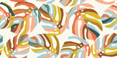 Monstera yaprağı pürüzsüz desen, el yapımı botanik, ilkbahar ve yaz zamanı, yeşil stil, tekstil, kumaş, duvar kağıdı, arka plan için doğal süsler..