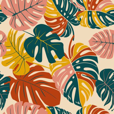 Monstera yaprağı pürüzsüz desen, el yapımı botanik, ilkbahar ve yaz zamanı, yeşil stil, tekstil, kumaş, duvar kağıdı, arka plan için doğal süsler..