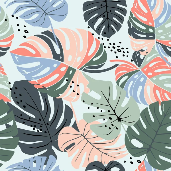 Monstera Leaf Seamless Pattern Hand Drawn Botanical Spring Summer Time — Stock Vector