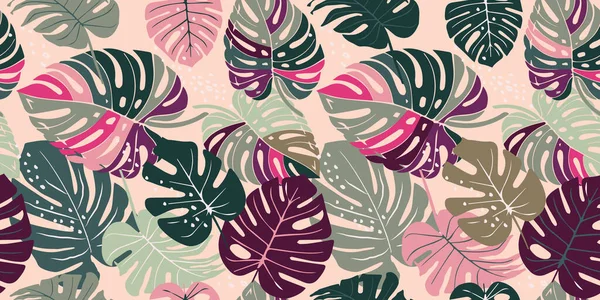 Patrón Inconsútil Hoja Monstera Botánico Dibujado Mano Hora Primavera Verano — Archivo Imágenes Vectoriales