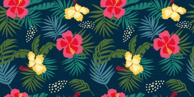 Tropik çiçek desenleri pürüzsüz, çiçek açan siluet, el yapımı botanik, bahar ve yaz zamanı için çiçek yaprağı, tekstil, kumaş, duvar kağıdı, arka plan tasarımı için doğal süsler..