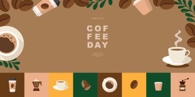 Uluslararası Kahve Günü afişi, 1 Ekim tatili. Geometrik basit minimalistik yatay selamlama tarzı afiş, poster, arkaplan için. Vektör illüstrasyonu.