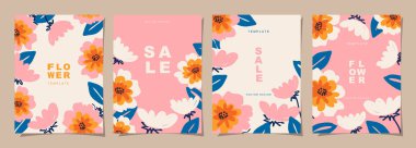 Poster, kart, kapak, etiket için çiçek şablonu, modern minimalist tarzda pankart ve çiçek ve bitkilerle basit yaz tasarım şablonları.