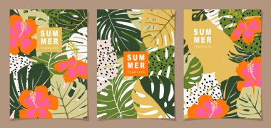 Poster, kart, kapak, etiket, arkaplan, modern minimalist tarzda pankart ve çiçekli basit yaz tasarım şablonları.