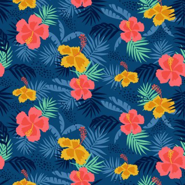 Tropik çiçek desenleri pürüzsüz, çiçek açan siluet, el yapımı botanik, bahar ve yaz zamanı için çiçek yaprağı, tekstil, kumaş, duvar kağıdı, arka plan tasarımı için doğal süsler..