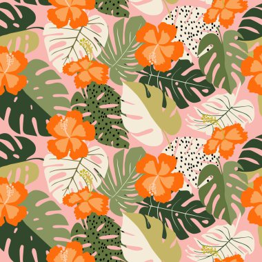 Tropik çiçek desenleri pürüzsüz, çiçek açan siluet, el yapımı botanik, bahar ve yaz zamanı için çiçek yaprağı, tekstil, kumaş, duvar kağıdı, arka plan tasarımı için doğal süsler..