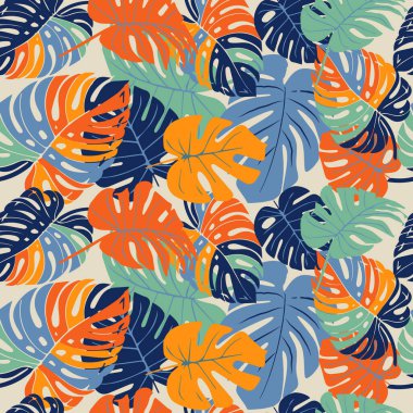 Monstera yaprağı pürüzsüz desen, el çizimi tropikal botanik, ilkbahar ve yaz zamanı, yeşil stil, tekstil, kumaş, duvar kağıdı, arka plan için doğal süsler..