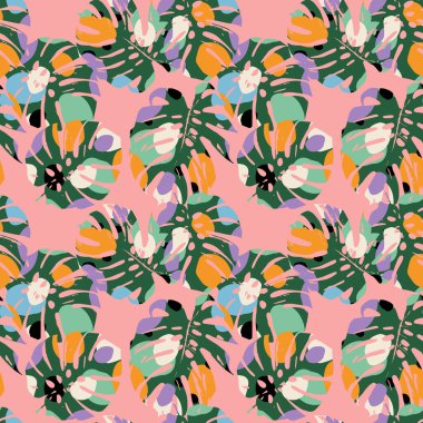 Monstera yaprağı pürüzsüz desen, el çizimi tropikal botanik, ilkbahar ve yaz zamanı, yeşil stil, tekstil, kumaş, duvar kağıdı, arka plan için doğal süsler..