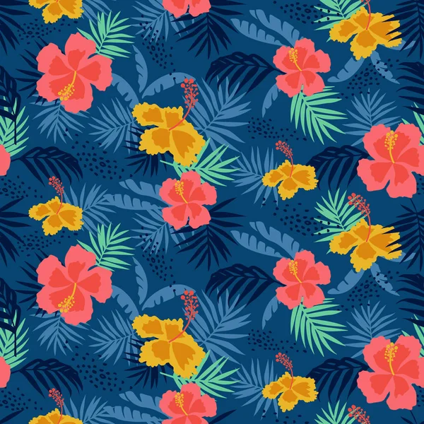Patrón Flores Tropicales Sin Costuras Silueta Floración Botánico Dibujado Mano — Archivo Imágenes Vectoriales