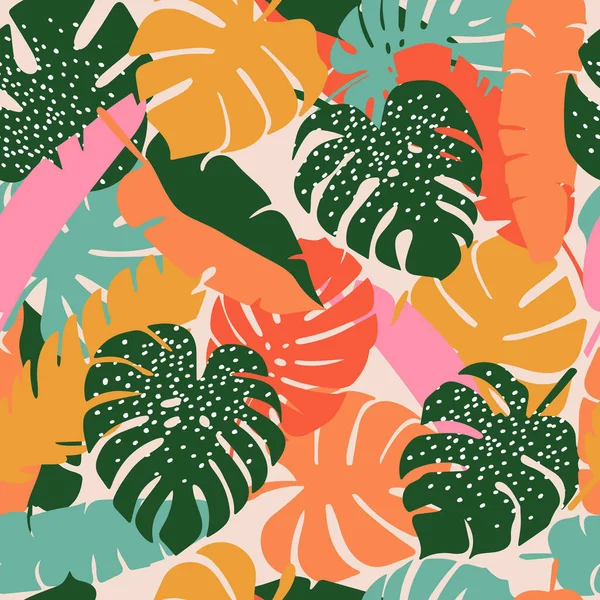 Monstera Leaf Seamless Pattern Hand Drawn Tropical Botanical Spring Summer — Stock Vector