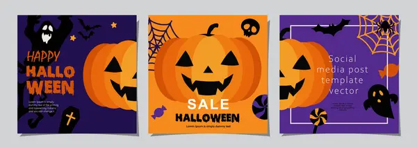 Conjunto Banners Halloween Fundo Convite Festa Com Nuvens Morcegos Abóboras — Vetor de Stock