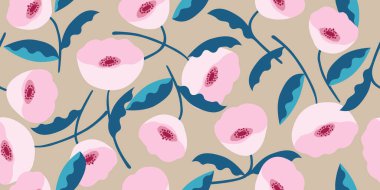 Egzotik el çizimi çiçekler kumaş, tekstil, giysi, ambalaj kağıdı, kapak, afiş, iç dekorasyon, soyut arka planlar için çiçeksiz desenler. vektör illüstrasyonu.