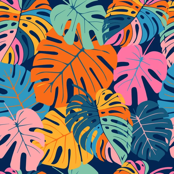 多彩なモンステラの葉の継ぎ目が無いパターン 手描きの熱帯植物学 春および夏時間 緑の様式 背景のための自然な装飾 — ストックベクタ