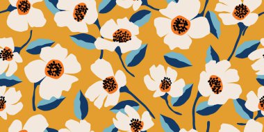 Egzotik el çizimi çiçekler kumaş, tekstil, giysi, ambalaj kağıdı, kapak, afiş, iç dekorasyon, soyut arka planlar için çiçeksiz desenler. vektör illüstrasyonu.