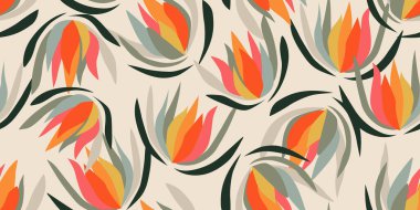 Egzotik el çizimi çiçekler kumaş, tekstil, giysi, ambalaj kağıdı, kapak, afiş, iç dekorasyon, soyut arka planlar için çiçeksiz desenler. vektör illüstrasyonu.