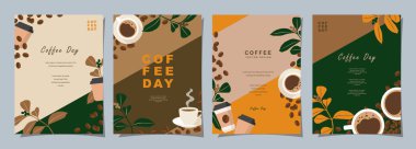 Afiş, kapak, menü ya da başka bir şablon tasarımı için üzerinde kahve çekirdekleri ve yapraklar olan eskiz afişleri. vektör illüstrasyonu.