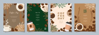 Afiş, kapak, menü ya da başka bir şablon tasarımı için üzerinde kahve çekirdekleri ve yapraklar olan eskiz afişleri. vektör illüstrasyonu.