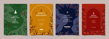 Mutlu Noeller ve mutlu yıllar arkaplanı. Selamlama ve davetiye kartı, web afişi, tatil kapağı, el ilanı, poster tasarım şablonları. Modern düz vektör illüstrasyonu.