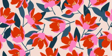 Egzotik el çizimi çiçekler kumaş, tekstil, giysi, ambalaj kağıdı, kapak, afiş, iç dekorasyon, soyut arka planlar için çiçeksiz desenler. vektör illüstrasyonu.