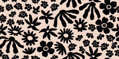Çiçeksiz arka plan. Minimalist soyut çiçek deseni. Siyah beyaz arka planda modern baskı. Tekstil tasarımı, duvar kağıdı, kapaklar, kartlar, davetiyeler ve posterler için ideal. vektör illüstrasyonu.