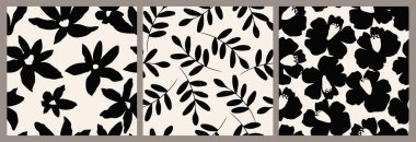 Çiçeksiz arka plan seti. Minimalist soyut çiçek deseni. Siyah beyaz arka planda modern baskı. Tekstil tasarımı, duvar kağıdı, kapaklar, kartlar, davetiyeler ve posterler için ideal.