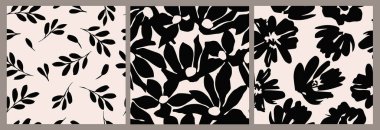 Çiçeksiz arka plan seti. Minimalist soyut çiçek deseni. Siyah beyaz arka planda modern baskı. Tekstil tasarımı, duvar kağıdı, kapaklar, kartlar, davetiyeler ve posterler için ideal.