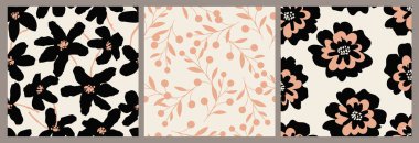 Çiçeksiz arka plan seti. Minimalist soyut çiçek deseni. Siyah beyaz arka planda modern baskı. Tekstil tasarımı, duvar kağıdı, kapaklar, kartlar, davetiyeler ve posterler için ideal.