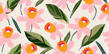 El çizimi tropikal çiçekler kumaş, tekstil, giysi, ambalaj kağıdı, kapak, afiş, iç dekorasyon, soyut arka planlar için çiçeksiz desenler. vektör illüstrasyonu.